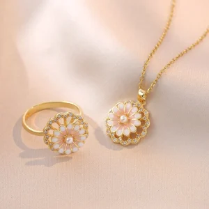 Ensemble de bijoux fleur plaqué or rotatif pour femme, collier quartz rose tournesol, bague vintage, cadeau pour femme, nouveaux instituts, 2024 Ensemble de bijoux fleur plaqué or rotatif pour femme, collier quartz rose tournesol, bague vintage, cadeau pour femme, nouveaux instituts, 2024