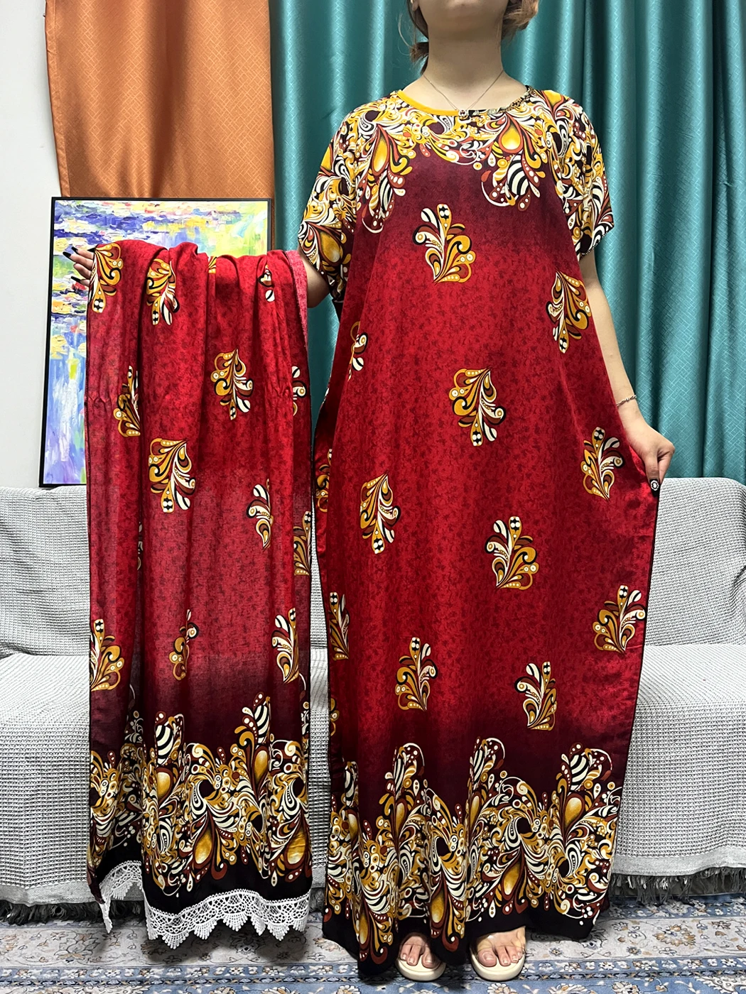 abayas robe en coton à imprimé floral pour femmes, robes musulmanes africaines, robes islamiques, écharpe en dentelle, 2024x80cm, été, nouveau, 160