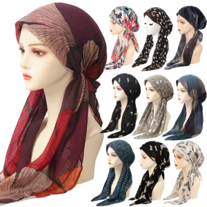 Chapeau turban imprimé Hijab musulman pour femme, écharpe pré-nouée, perte de cheveux, écharpe de tête, enveloppement de sauna musulman, bandana préfixé, mode