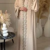 abaya beige élégant de dubaï pour femmes musulmanes – intrument conçu avec une pièce de broderie multicolore dans la mode modeste islamique