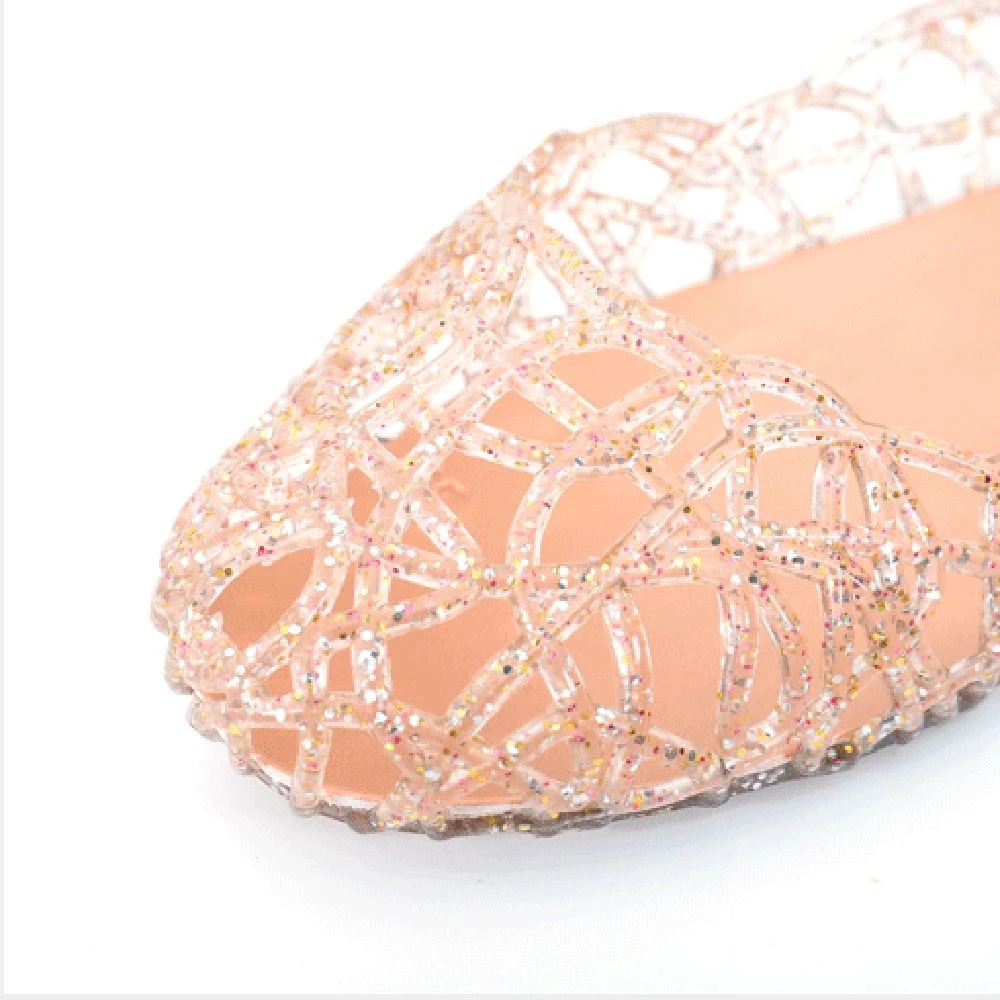 sandales confortables à semelles plates pour femmes, chaussures de plage ajourées à bouche peu profonde, en gelée, respirantes, transparentes, scintillantes, été