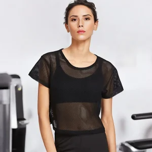 Chemisier court et Sexy en maille respirante à séchage rapide pour femmes, haut de gymnastique d&rsquo;été, vêtements de Fitness, chemise athlétique de course