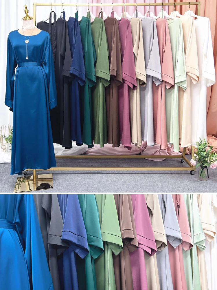 robe abaya en satin uni pour femmes musulmanes, poches latérales, manches larges, vêtements islamiques de dubaï et de turquie, robe modeste pour le ramadan