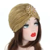 chapeau turban indien pour femmes, couvre tête plissé en velours doux, hijab avec broche, bijoux