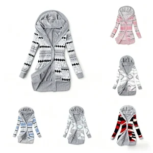 Cardigan à capuche pour femmes, avec imprimé aztèque, boutonné, manches longues, doublé polaire, pull chaud et décontracté, vêtements d&rsquo;extérieur pour l&rsquo;automne