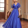 robe de soirée formelle élégante, col en v, manches courtes, avec des appliques, robes longues pour femmes, 2025