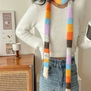 Écharpe pour femme – Design mignon à rayures arc-en-ciel, écharpe étroite élastique et extensible pour la chaleur de l&rsquo;hiver, accessoire de mode fait à la main
