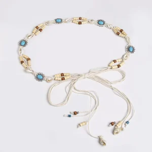Corde de taille de style bohème nouée ethnique faite à la main avec perles en bois pour femmes, ceinture de style station décontractée.