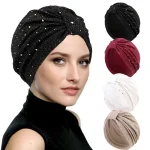 Femmes paillettes noué Turban indien chapeau musulman Hijab Bonnet Bonnet perte de cheveux foulard chimio casquette chapeaux Bandanas Turbante Mujer