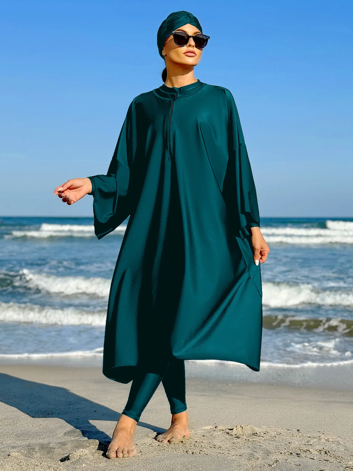 nouveau burkini musulman tout couvert maillot de bain maillots de bain amples pour les femmes couleur unie robe à manches longues et maillot de bain une pièce avec hijab