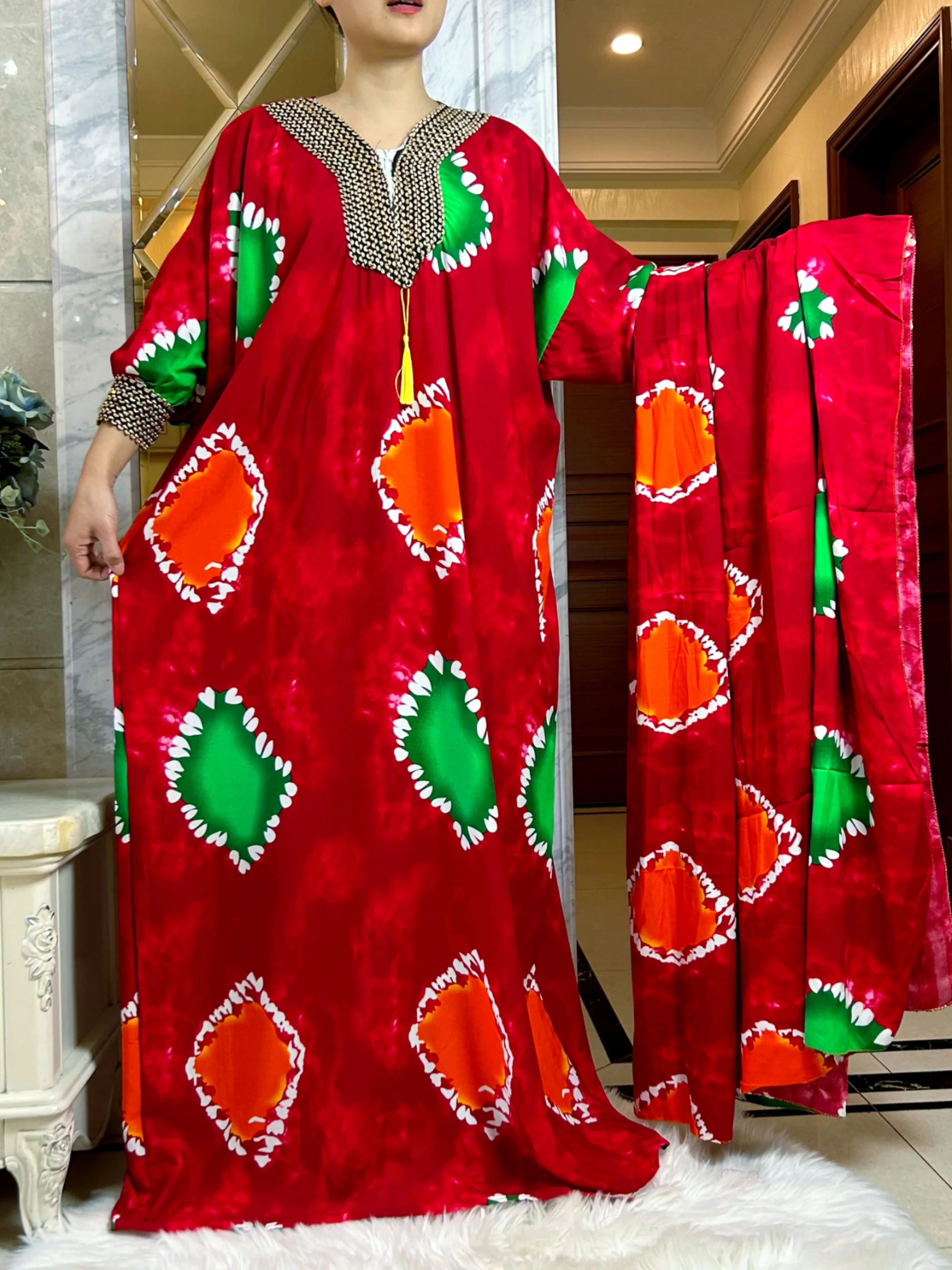 Abayas Musulmanes pour Femme, Ensembles de Mode Ramadan, Boubou en Coton Imprimé Floral, Robe Femme avec Écharpe Surdimensionnée 2025x210 cm, 150