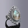 bague en argent pour femmes, ovale, ronde, labradorite naturelle, cadeau en forme de soleil, rétro, bijoux fins de luxe