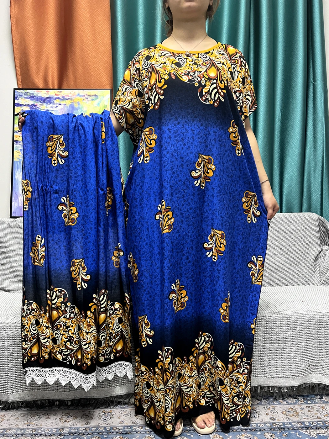 abayas robe en coton à imprimé floral pour femmes, robes musulmanes africaines, robes islamiques, écharpe en dentelle, 2024x80cm, été, nouveau, 160