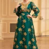 abayas musulmanes à col en v, manches groupées avec ceinture, robe de soirée arabe de dubaï, maille brodée, jalabiya, mode