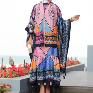 Abaya-Boubou en coton imprimé à manches à volants pour femmes musulmanes, moyen-orient, dubaï, été, grande taille, cartographie, tenues de Ramadan, fête
