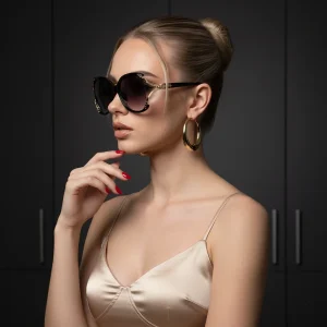 Lunettes de soleil papillon surdimensionnées chics, avec une tête de léopard dorée et un détail de temple découpé. Très polyvalent