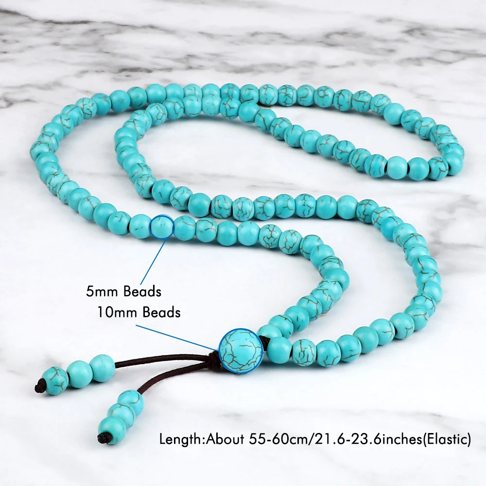 Collier et Bracelet de perles pour hommes et femmes, 108 perles, bouddha tibétain, fait à la main, Turquoises synthétiques bleues, bijoux de prière – Image 6