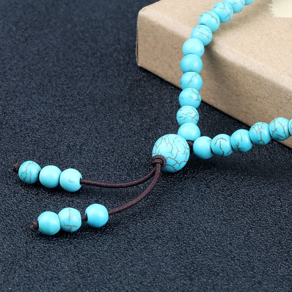 Collier et Bracelet de perles pour hommes et femmes, 108 perles, bouddha tibétain, fait à la main, Turquoises synthétiques bleues, bijoux de prière – Image 5