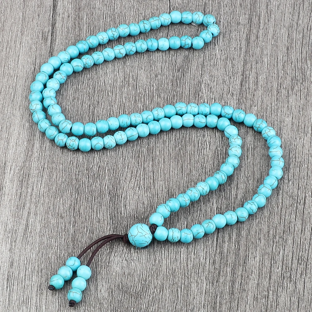 Collier et Bracelet de perles pour hommes et femmes, 108 perles, bouddha tibétain, fait à la main, Turquoises synthétiques bleues, bijoux de prière – Image 4