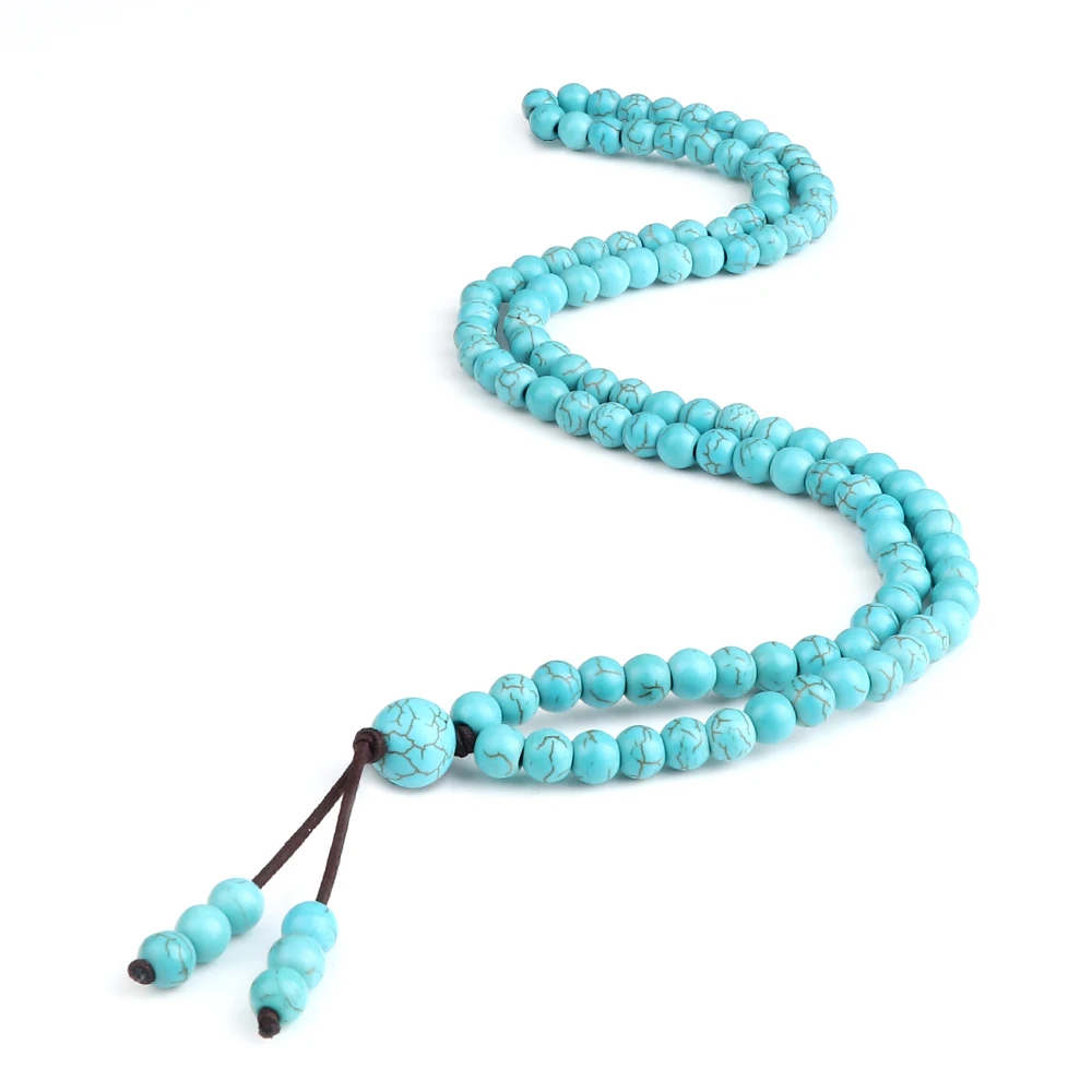 Collier et Bracelet de perles pour hommes et femmes, 108 perles, bouddha tibétain, fait à la main, Turquoises synthétiques bleues, bijoux de prière – Image 2