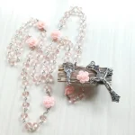 Collier chapelet en cristal Rose, pendentif croix Vintage, chaîne longue, bijoux religieux, cadeau