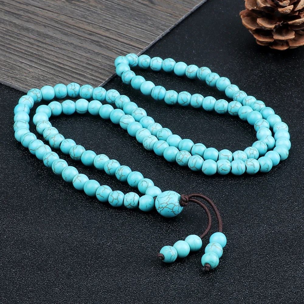 Collier et Bracelet de perles pour hommes et femmes, 108 perles, bouddha tibétain, fait à la main, Turquoises synthétiques bleues, bijoux de prière – Image 3