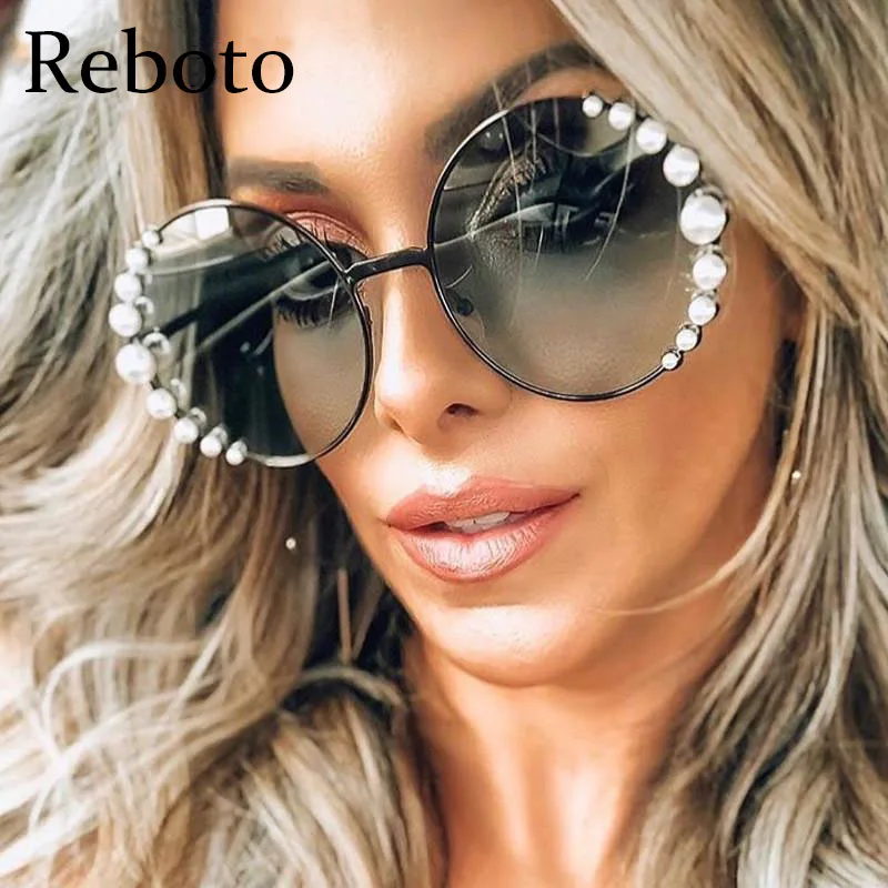 Lunettes de soleil rondes surdimensionnées pour femmes, marque de luxe en perles de styliste, verres transparents élégants, nuances roses pour femmes