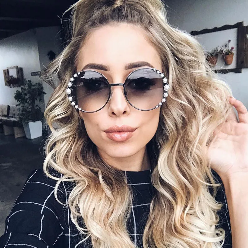Lunettes de soleil rondes surdimensionnées pour femmes, marque de luxe en perles de styliste, verres transparents élégants, nuances roses pour femmes