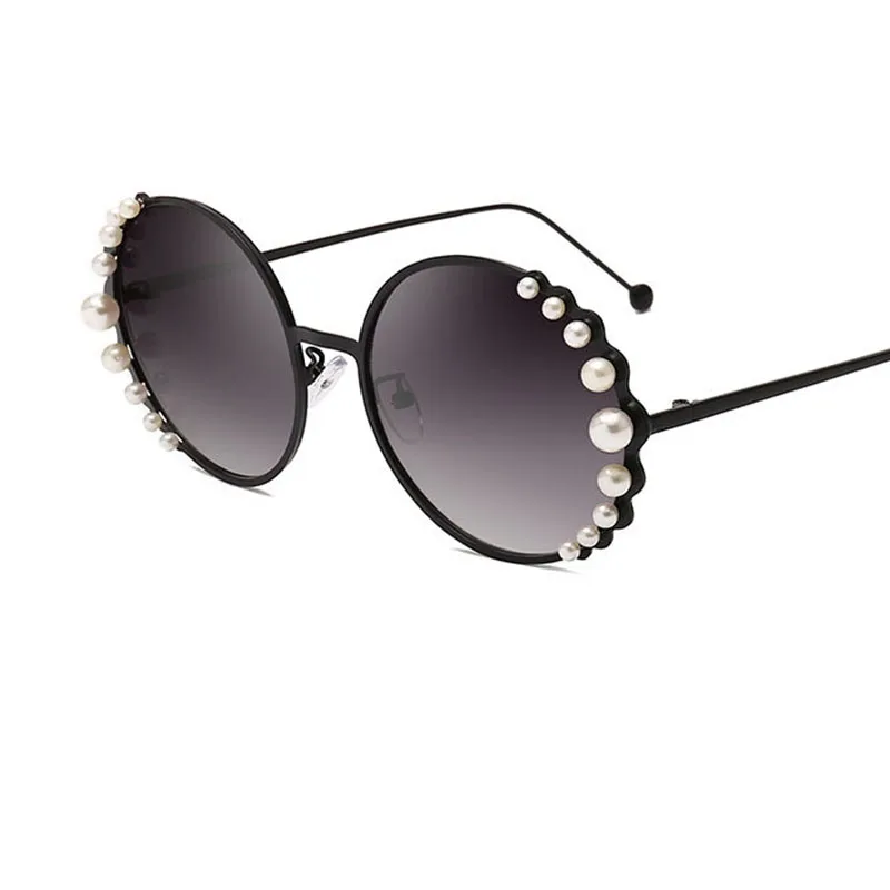 Lunettes de soleil rondes surdimensionnées pour femmes, marque de luxe en perles de styliste, verres transparents élégants, nuances roses pour femmes