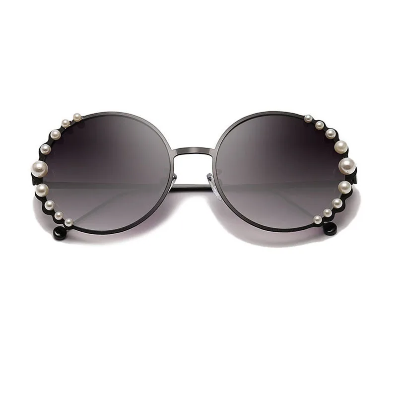 Lunettes de soleil rondes surdimensionnées pour femmes, marque de luxe en perles de styliste, verres transparents élégants, nuances roses pour femmes