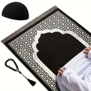Ensemble de Prière Musulmane avec Perles de Prière et Chapeau Kufi pour Homme, Couverture de Transport Islamique, Cadeaux du Ramadan, 3 Pièces