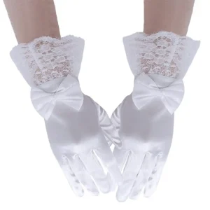 Gants de mariage blancs élégants pour enfants, courts, en Satin brillant, pour robe, avec nœud papillon, en dentelle élastique, pour vacances