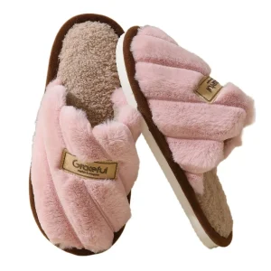 Pantoufles confortables en peluche à rayures, antidérapantes, moelleuses, pantoufles d&rsquo;intérieur d&rsquo;hiver, chaussures de maison décontractées, pantoufles de maison douces pour chambre à coucher