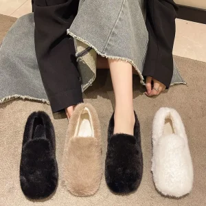 Noir Downy sans lacet mocassins femmes chaud hiver plat moelleux chaussures semelle souple Beige fourrure mocassins maman grand-mère fourrure ballerines