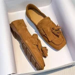 Ballerines à franges pour femmes, chaussures de marche et de conduite à bout carré, mocassins de vacances confortables avec pompons, Espadrilles plates