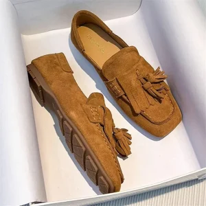 Ballerines à franges pour femmes, chaussures de marche et de conduite à bout carré, mocassins de vacances confortables avec pompons, Espadrilles plates