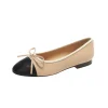 chaussures simples décontractées à fond plat pour femmes, bout rond, bloc de couleur, ballerines en cuir beige, style simple, nœud papillon