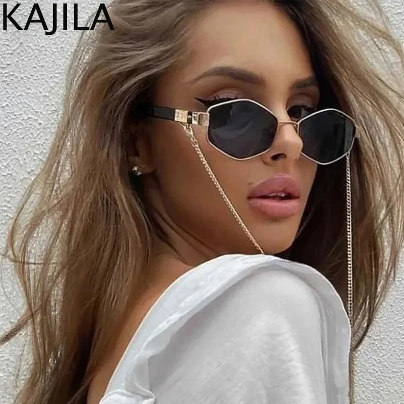 Lunettes De soleil hexagonales à petite monture pour femmes, Sexy, avec chaîne, marque De luxe De styliste, Punk, nuances Gafas De Sol, 2025