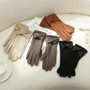 Gants chauds en velours, adaptés aux femmes à utiliser en hiver, accessoires à nœud élégants pour écran tactile, gants de cyclisme et de conduite
