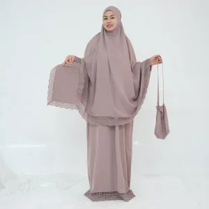 FW25 MIZON prière 4 pièces ensemble pour femmes musulmanes avec tissu Spandex de haute qualité avec foulard orné de dentelle sac de rangement Portable