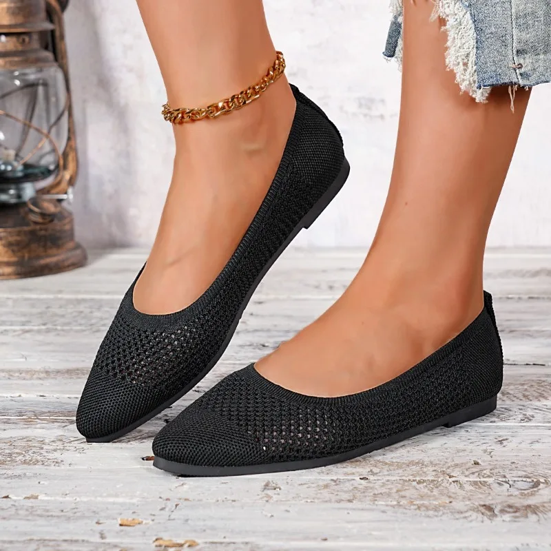 2025 Chaussures plates à bout pointu pour femmes - Chaussures de marche plates de ballet respirantes et décontractées tricotées monocolores élégantes, grande taille