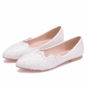 Ballerines d&rsquo;été en dentelle blanche, chaussures de mariage, plates, à talons bas, décontractées, sans talons, escarpins habillés pour femmes, chaussures douces pour femmes