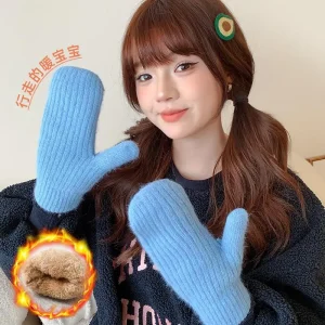 Gants pour femmes en hiver, fourrure de lapin épaisse en peluche mignonne pour garder au chaud et à la fourrure, équitation d&rsquo;étudiant pour éviter le froid et le congélation