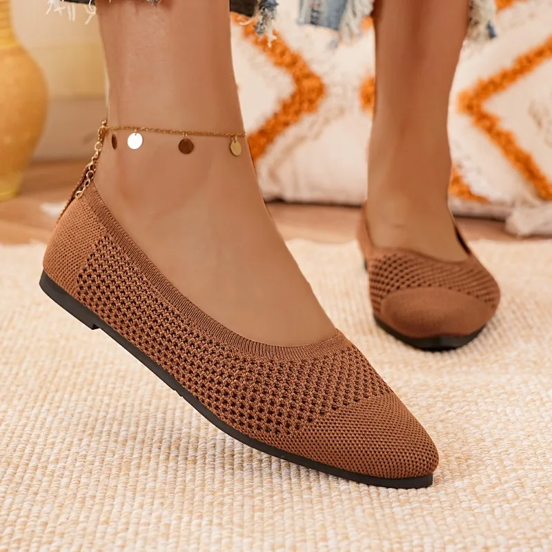 2025 Chaussures plates à bout pointu pour femmes - Chaussures de marche plates de ballet respirantes et décontractées tricotées monocolores élégantes, grande taille