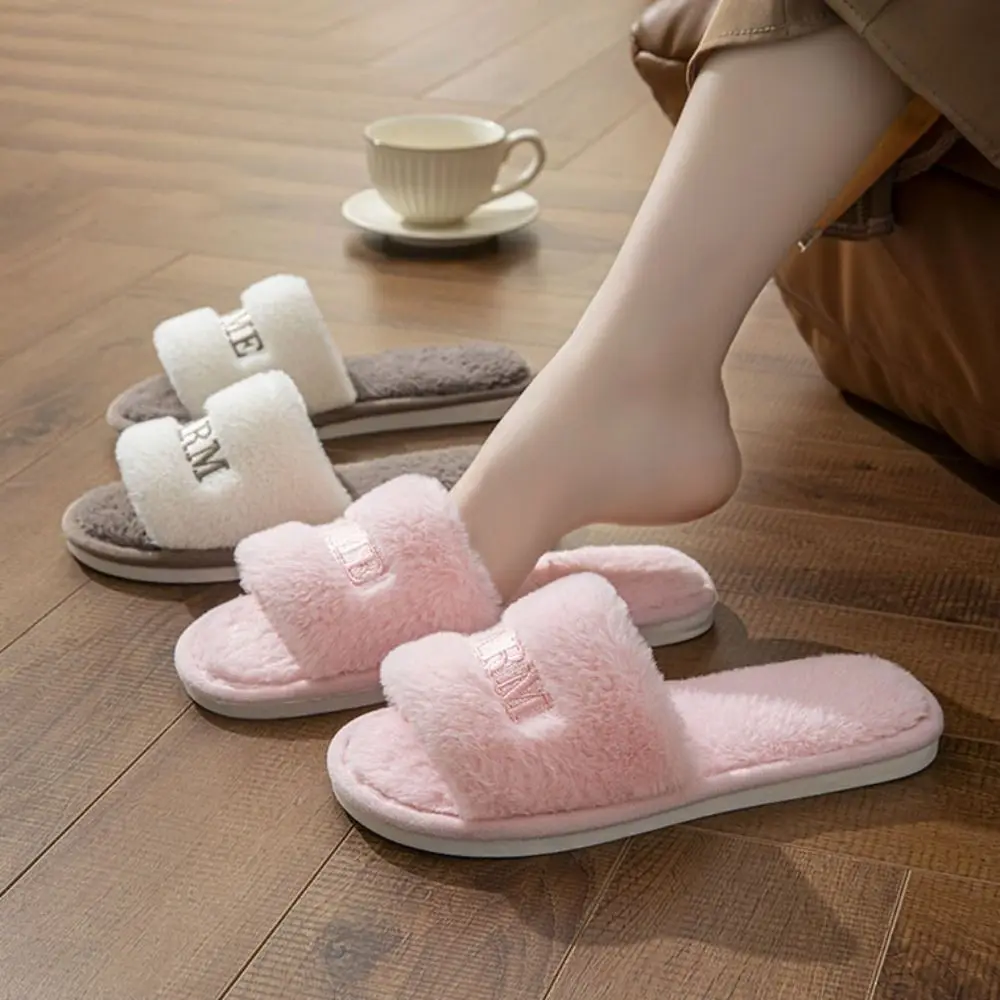 pantoufles moelleuses confortables, douces et décontractées, chaudes et antidérapantes pour femmes, chaussures plates à semelle épaisse avec lettres, chaussures d'extérieur en coton