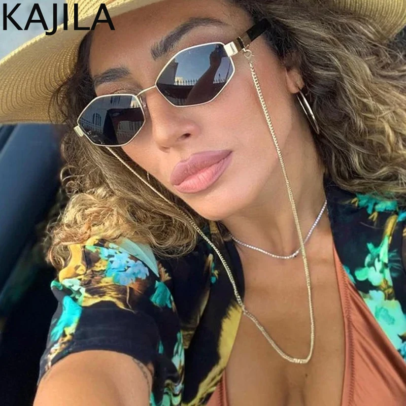 Lunettes De soleil hexagonales à petite monture pour femmes, Sexy, avec chaîne, marque De luxe De styliste, Punk, nuances Gafas De Sol, 2025