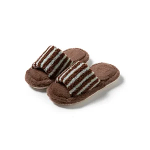 Pantoufles en peluche décontractées à rayures confortables, chaussures en coton doux pour la maison, chaudes et antidérapantes, plates pour la maison, hiver