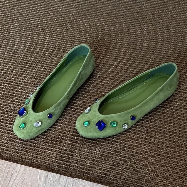 Mocassins de luxe en daim pour femmes, chaussures plates de luxe avec pierres précieuses colorées, confortables, bout rond, peu profondes, élégantes, de marque, de styliste, décontractées, 2026