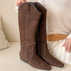 Chaussures plates femmes genou bottes hautes mode daim femme chaussures 2025 hiver Chelsea bottes nouvelle marche tendance robe longue Mujer De Botas