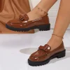 mocassins plats roses élégants pour femmes, grande taille, mocassins en cuir verni avec nœud papillon, chaussures rondes à semelle épaisse pour dames, automne
